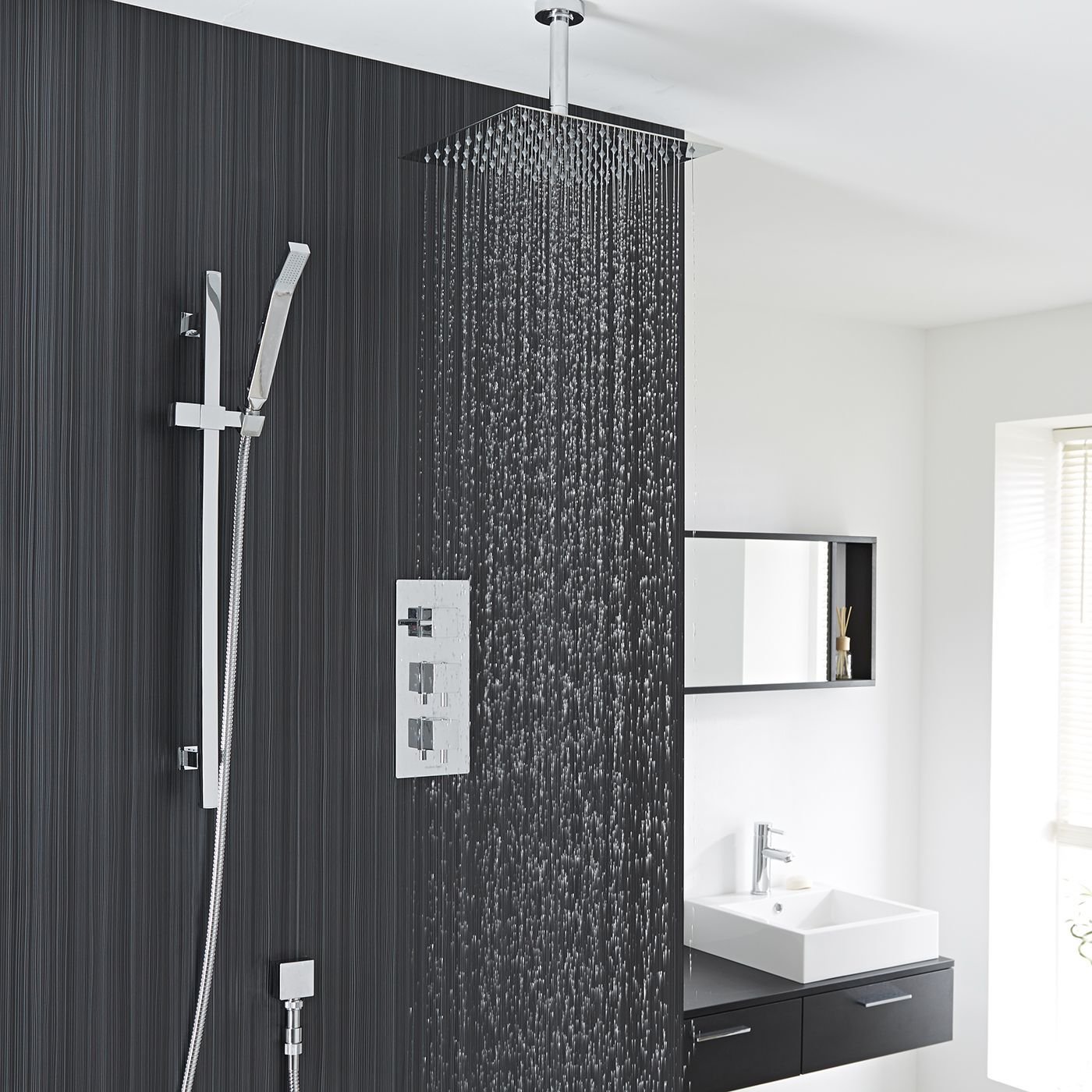 Benete Square Chrome Rain Shower System Faucet Set 2 Outlets Ceiling Head & Handset